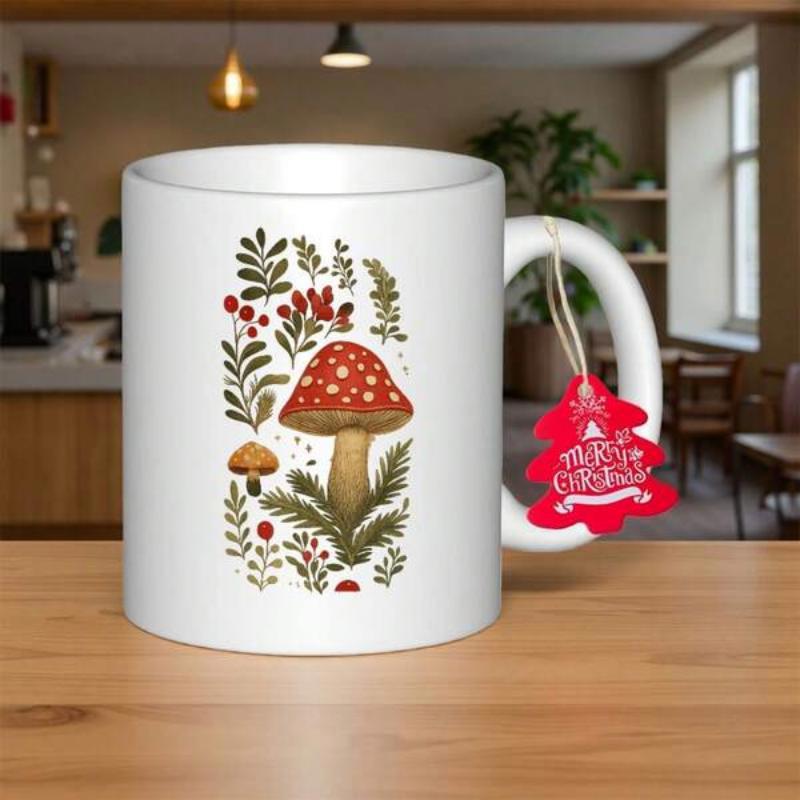 Tailorly White Ceramic 11 oz Mug - Merry Christmas Vintage Forest Illustration With Red Mushrooms Among Wild Green Ferns And Berries Mushroom