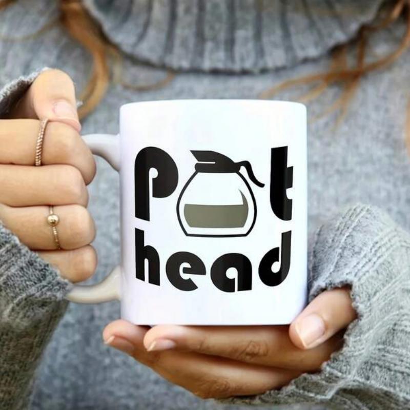 Tailorly White Ceramic 11 oz Mug - Pot Head Minimalist Black Coffee Carafe Design Centered Within Bold Retro Typography Mug