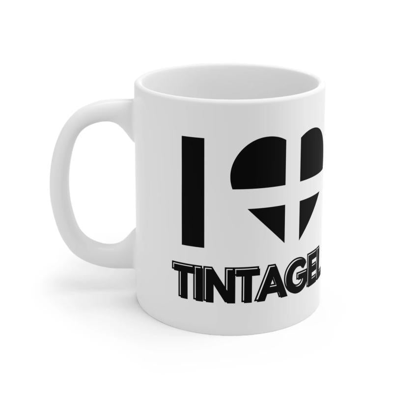 Tailorly White Ceramic 11 oz Mug - I Tintagel Simple Black Heart Featuring A White Cross Design Representing Cornwall Mug