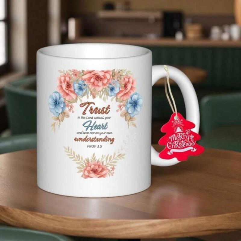 Tailorly White Ceramic 11 oz Mug - Trust Heart Proverbs Beautiful Watercolor Floral Wreath With Pink And Blue Blooming Flowers Mug