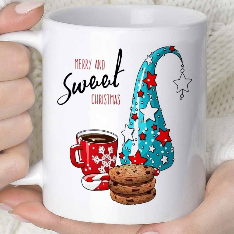 Tailorly White Ceramic 11 oz Mug - Merry And Sweet Christmas Tall Blue Pointy Hat With Red Stars And Holiday Cookies Gnome