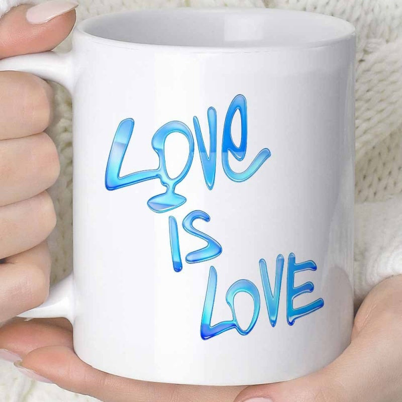 Tailorly White Ceramic 11 oz Mug - Love Is Love Stylized Blue Script Letters Featuring A Vibrant Glossy Liquid Gradient Quote