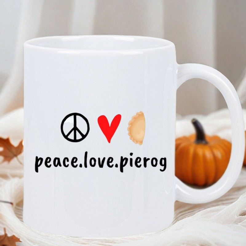 Tailorly White Ceramic 11 oz Mug - Peace Love Pierog Simple Hand Drawn Symbols Featuring Peace Sign And Heart Pierogi