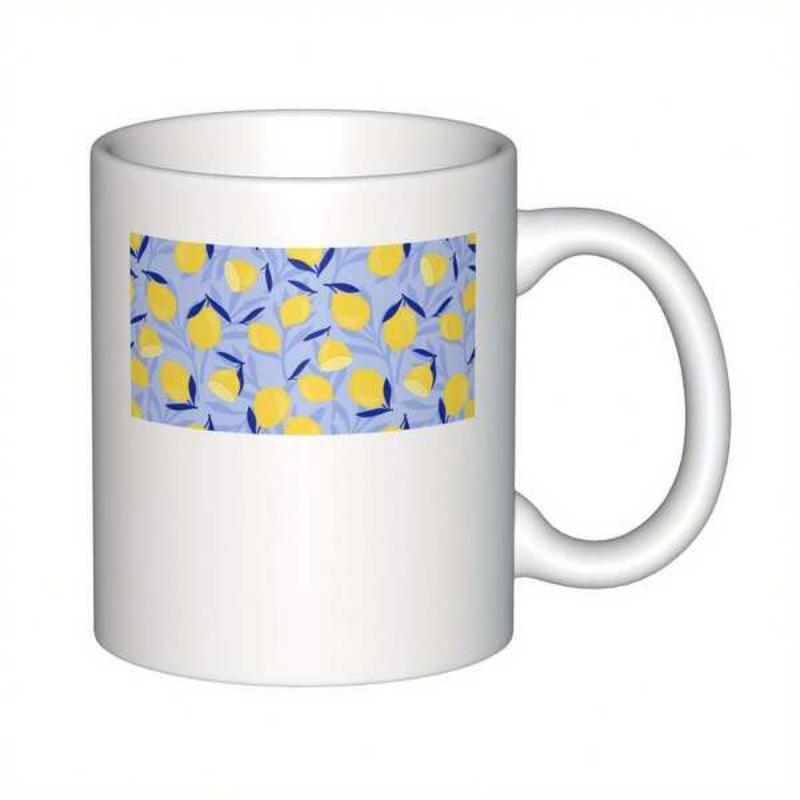 Tailorly White Ceramic 11 oz Mug - Vibrant Yellow Lemons Floating On A Soft Blue Background Pattern Mug