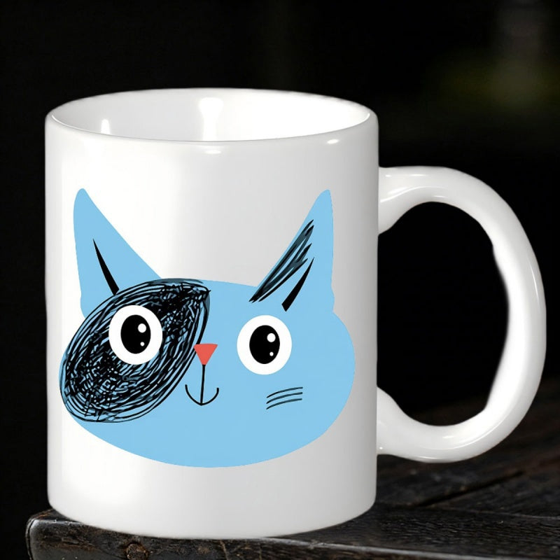 Tailorly White Ceramic 11 oz Mug - Quirky Blue Doodle Face With Artistic Scribbled Eye Patch Detail Cat