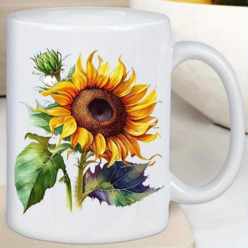 Tailorly White Ceramic 11 oz Mug - Vibrant Yellow Petals With Green Leaves And Bud In Watercolor Style Sunflower