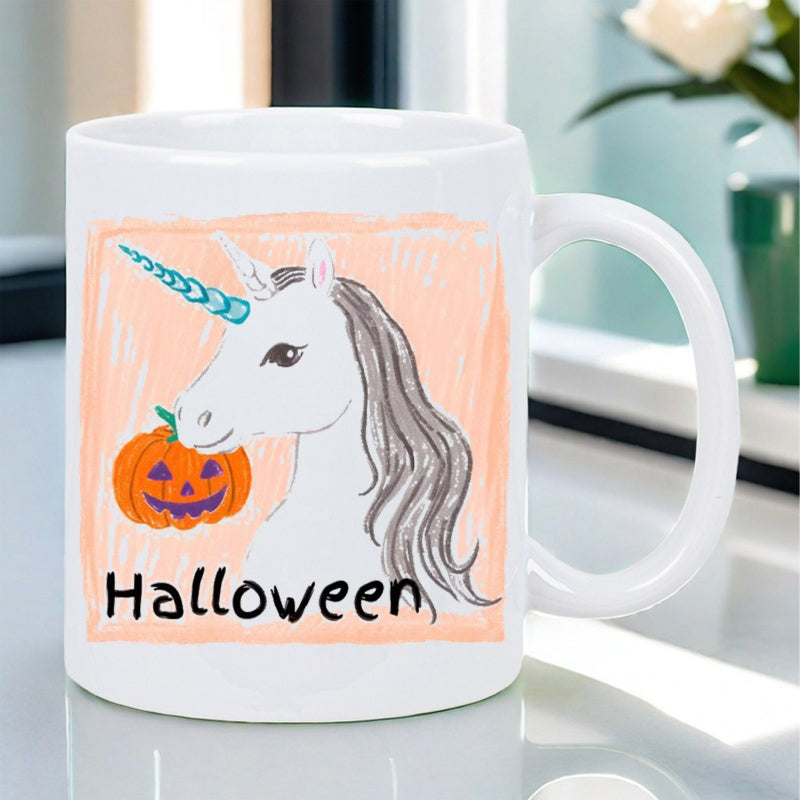 Tailorly White Ceramic 11 oz Mug - Halloween Whimsical White Horse With Teal Horn Holding A Carved Pumpkin Unicorn
