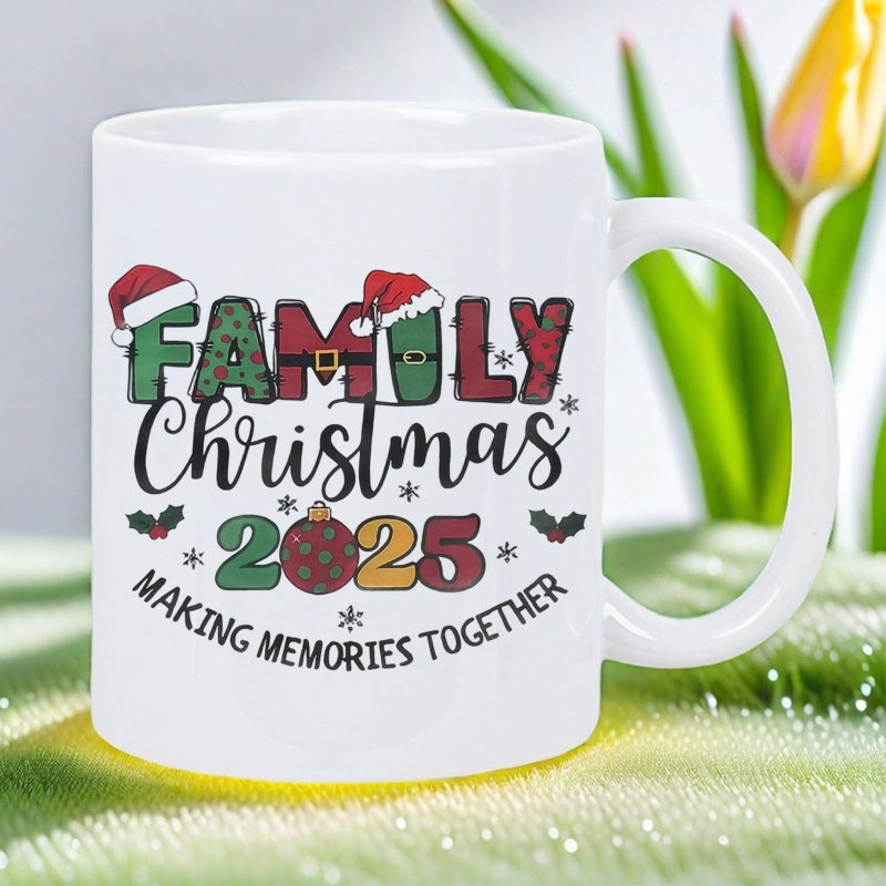 Tailorly White Ceramic 11 oz Mug - Family Christmas 2025 Making Memories Together Festive Holiday Pattern Featuring Santa Hats And Colorful Ornaments Mug