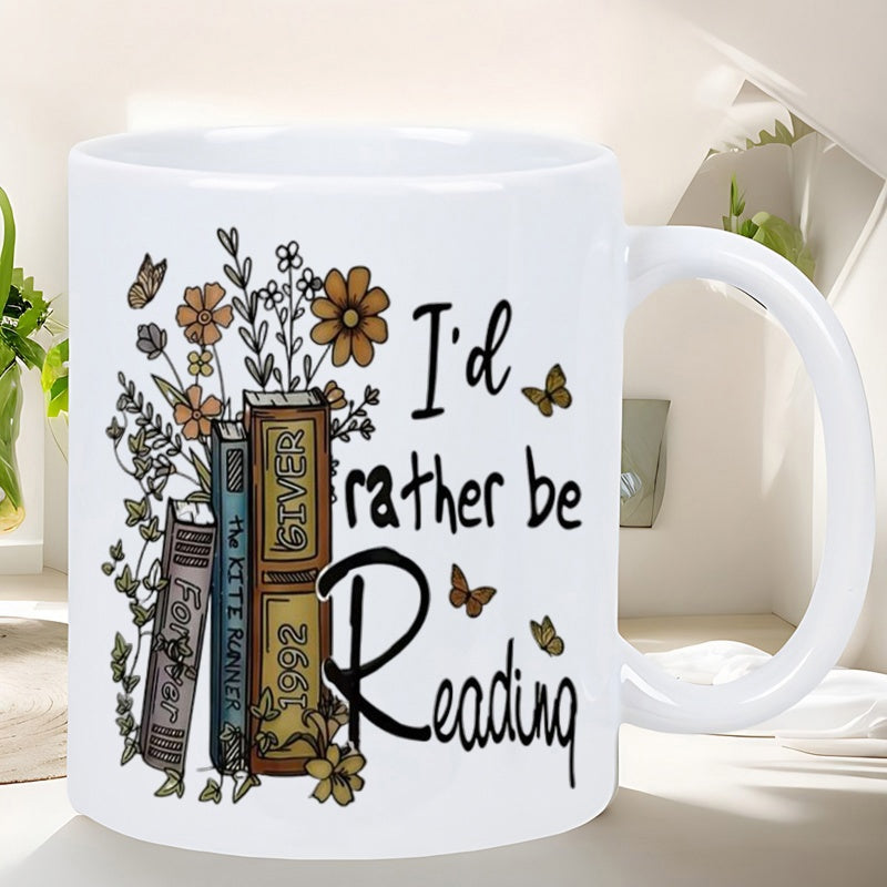 Tailorly White Ceramic 11 oz Mug - Id Rather Be Reading Vintage Stacked Books With Delicate Wildflowers And Fluttering Butterflies Patterned Mug