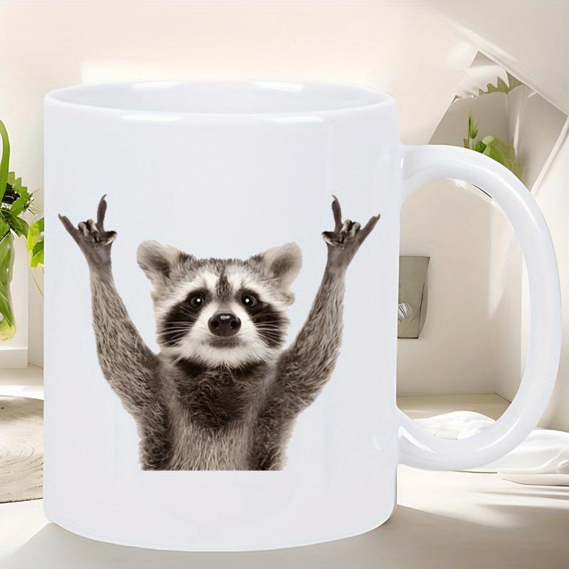 Tailorly White Ceramic 11 oz Mug - Funny Realistic Furry Animal With Paws Raised In Rock Sign Gesture Raccoon