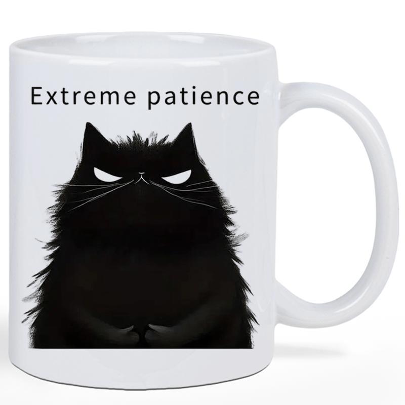 Tailorly White Ceramic 11 oz Mug - Extreme Patience Fluffy Grumpy Black Feline With Angry Eyes And Hilarious Expression Cat