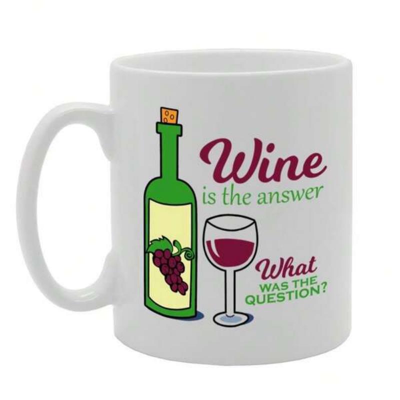Tailorly White Ceramic 11 oz Mug - Wine Is The Answer What Was The Question Green Cartoon Bottle Beside A Filled Glass Of Red Wine Bottle