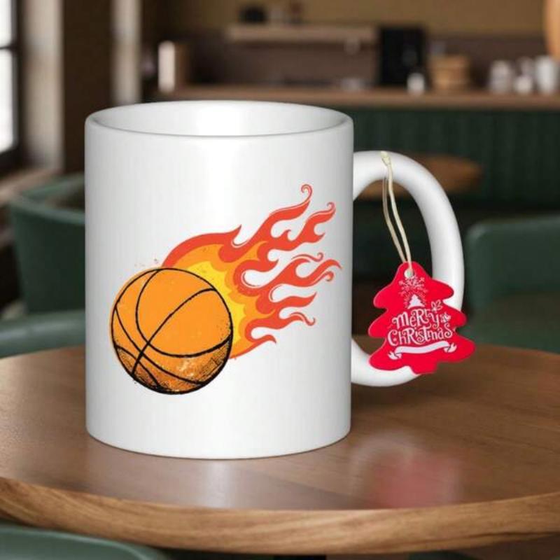 Tailorly White Ceramic 11 oz Mug - Vibrant Orange Flames Flying Through The Air With Classic Sports Basketball