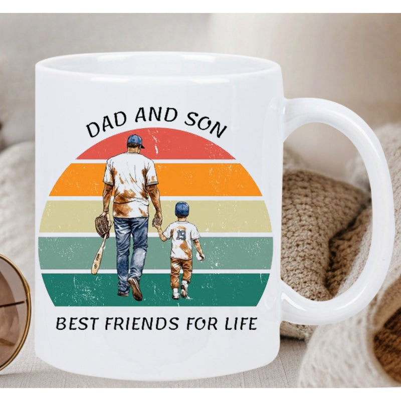 Tailorly White Ceramic 11 oz Mug - Dad And Son Best Friends For Life Walking Together Towards Retro Sunset Carrying Equipment Baseball