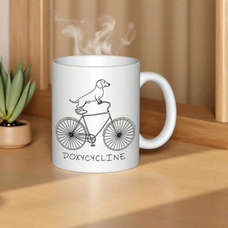 Tailorly White Ceramic 11 oz Mug - Doxycycline Minimalist Black Line Drawing On A Classic Bicycle Dachshund