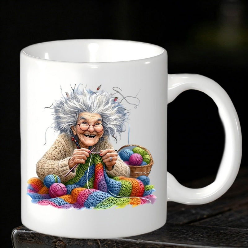 Tailorly White Ceramic 11 oz Mug - Smiling Elderly Woman With Messy Hair Knitting Colorful Wool Yarn Grandmother