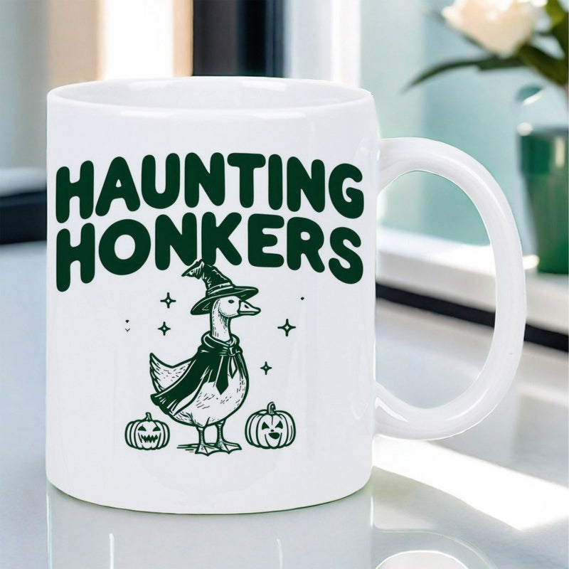 Tailorly White Ceramic 11 oz Mug - Haunting Honkers Spooky Halloween Witch Hat Themed With Magical Stars And Pumpkins Goose