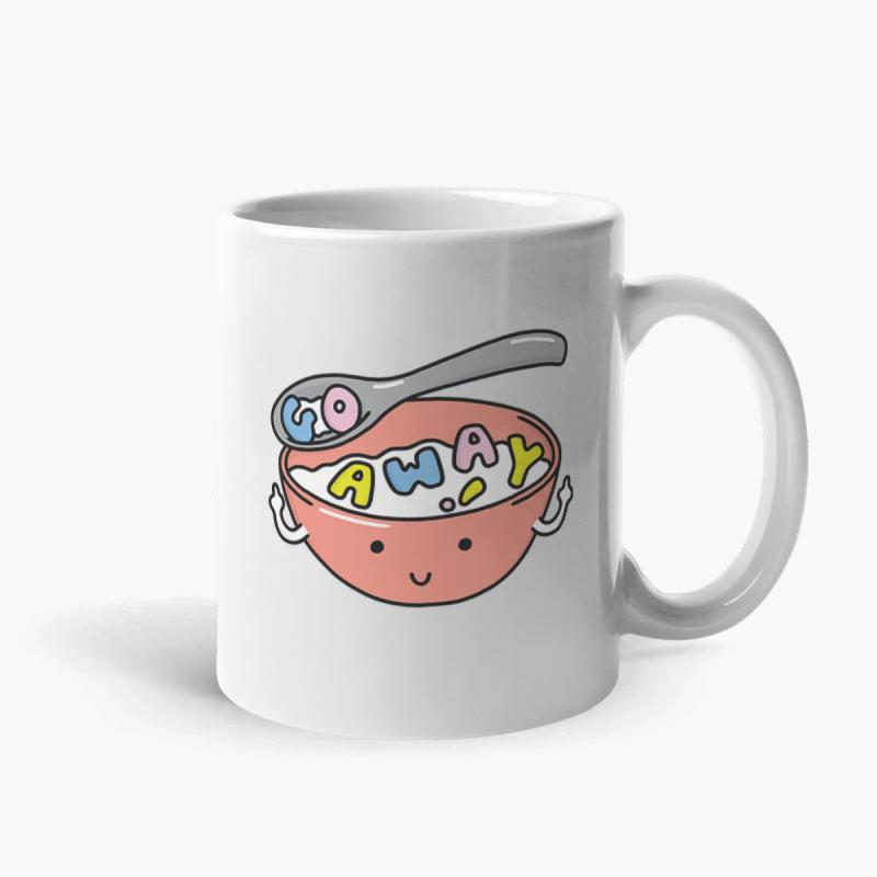 Tailorly White Ceramic 11 oz Mug - Go Away Cute Pink Cartoon Bowl Of Alphabet Cereal With A Small Smiling Face Bowl
