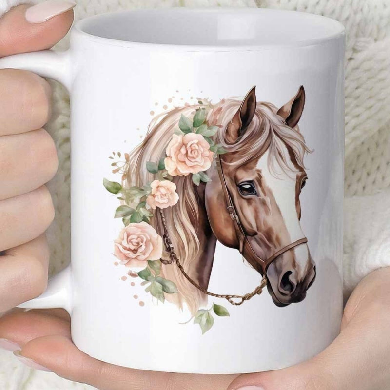 Tailorly White Ceramic 11 oz Mug - Graceful Brown Stallion With Blooming Pink Roses And Green Leaves Majestic Horse