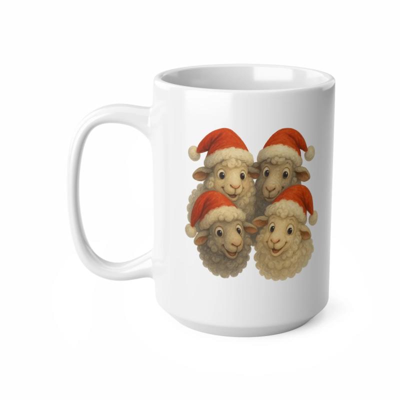 Tailorly White Ceramic 11 oz Mug - Four Adorable Fluffy Sheep Wearing Festive Red Santa Hats Together Sheep