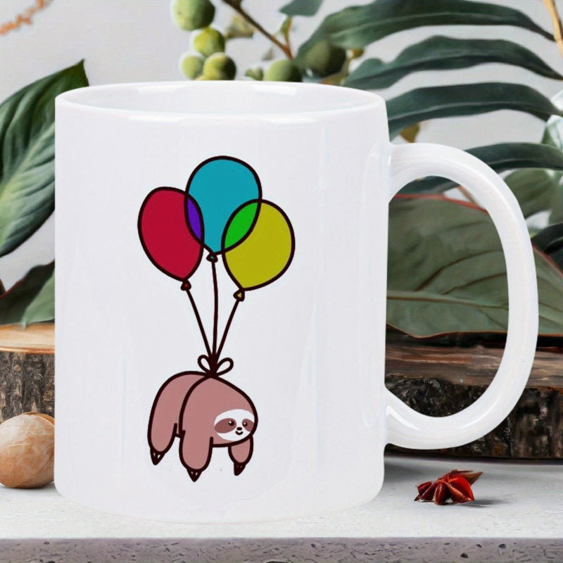 Tailorly White Ceramic 11 oz Mug - Adorable Cartoon Animal Floating Gently With Three Colorful Vibrant Round Balloons Sloth