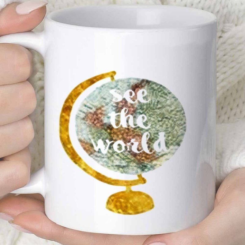 Tailorly White Ceramic 11 oz Mug - See The World Golden Framed Textured Earth Map Resting On Elegant Stand Globe