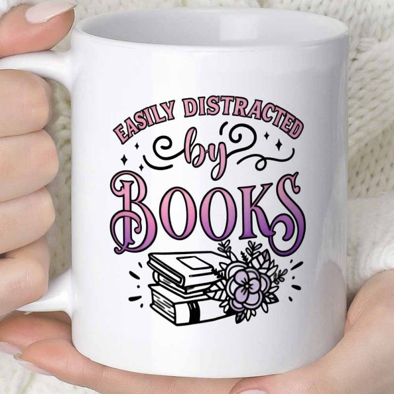 Tailorly White Ceramic 11 oz Mug - Easily Distracted By Books Stacked Vintage Literature Among Delicate Blooming Flowers And Ornamental Accents Books