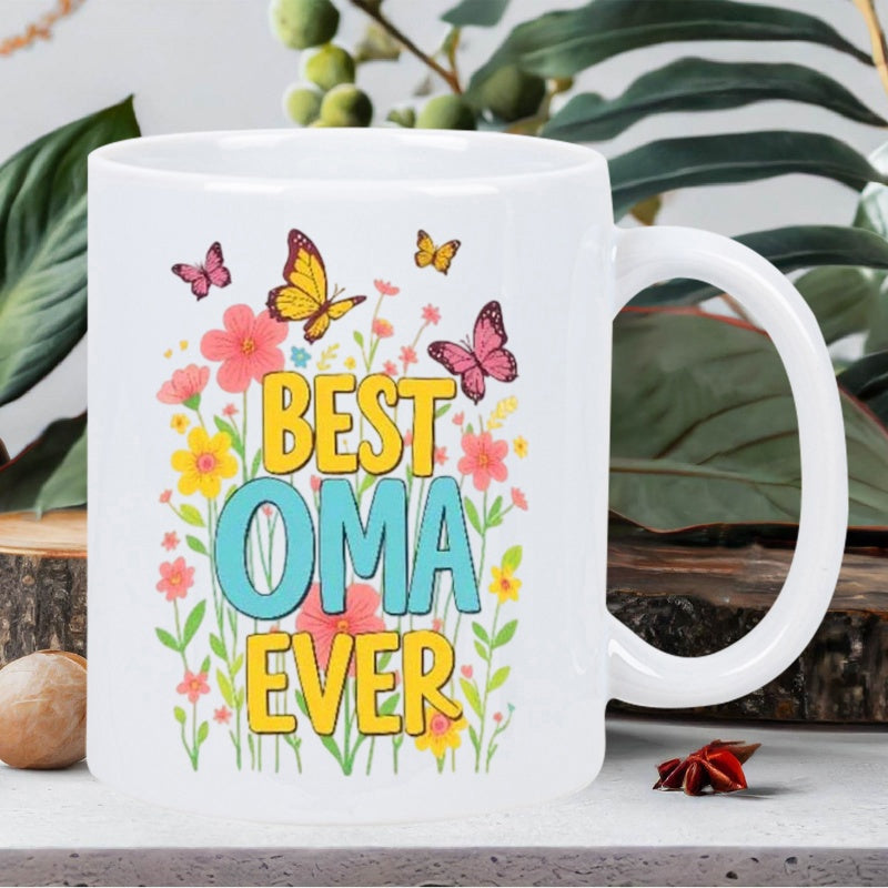 Tailorly White Ceramic 11 oz Mug - Best Oma Ever Vibrant Butterflies Fluttering Around Colorful Garden Flowers In Full Bloom Butterfly