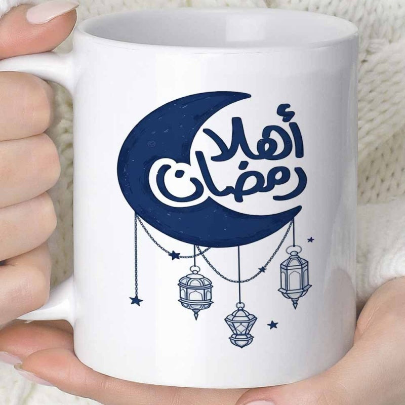 Tailorly White Ceramic 11 oz Mug - Traditional Lanterns Hanging From A Dark Blue Crescent Decorative Moon