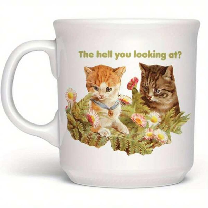 Tailorly White Ceramic 11 oz Mug - The Hell You Looking At Two Adorable Small Kittens Sitting Within Lush Green Ferns And Flowers Kitten