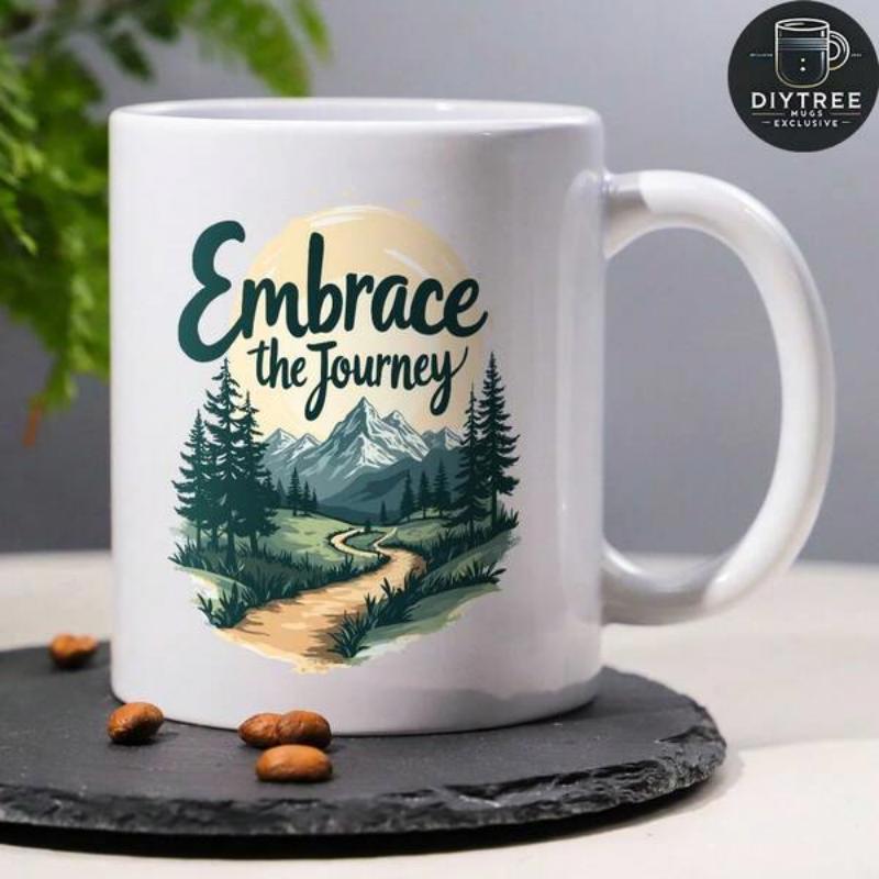 Tailorly White Ceramic 11 oz Mug - Embrace The Journey Winding Path Through Evergreen Pine Trees Toward Majestic Snow Capped Mountain