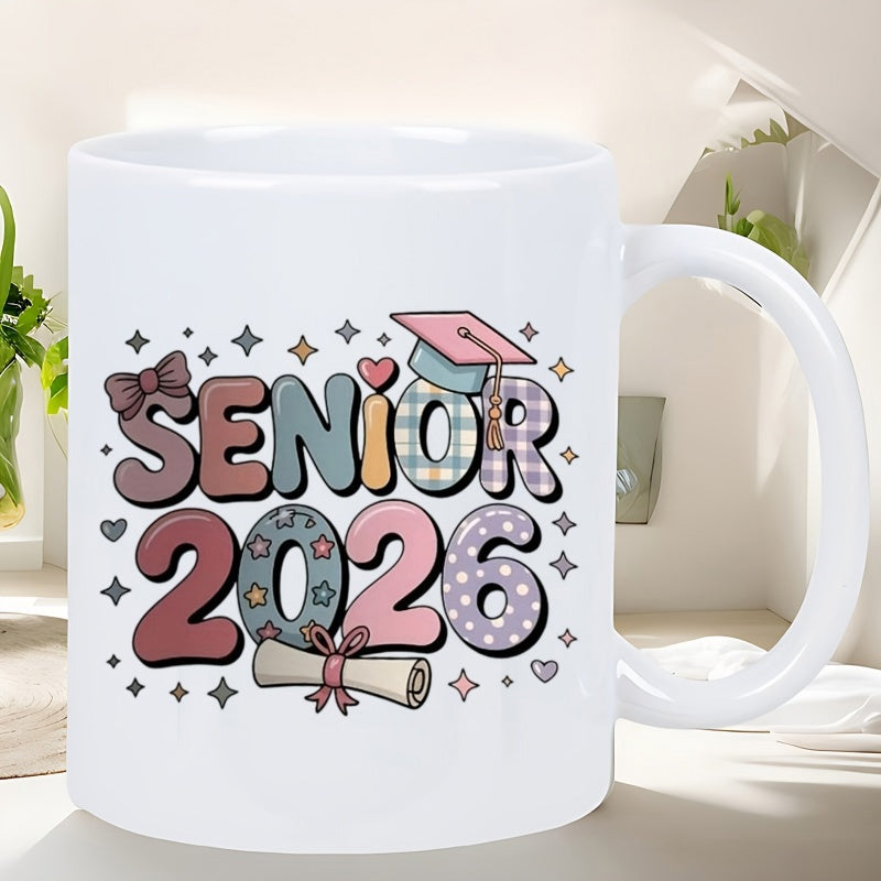 Tailorly White Ceramic 11 oz Mug - Senior 2026 Colorful Retro Bubble Letters Featuring Graduation Cap And Tied Scroll Ornament Mug
