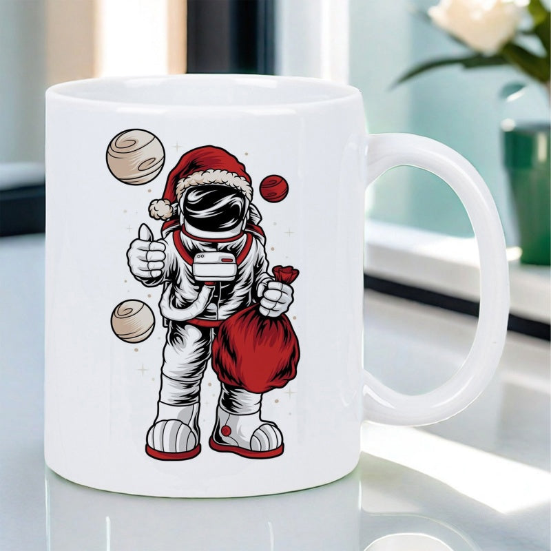 Tailorly White Ceramic 11 oz Mug - Festive Christmas Explorer Wearing Santa Hat And Carrying Red Gift Sack Astronaut