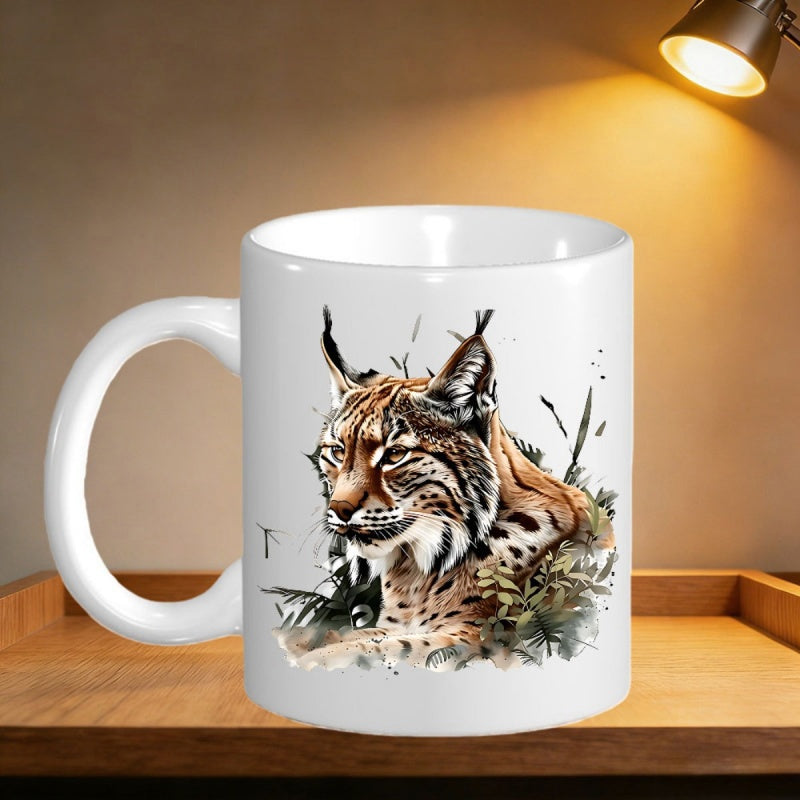 Tailorly White Ceramic 11 oz Mug - Artistic Watercolor Strokes Depicting A Wild Cat Hiding Within Green Grass Lynx