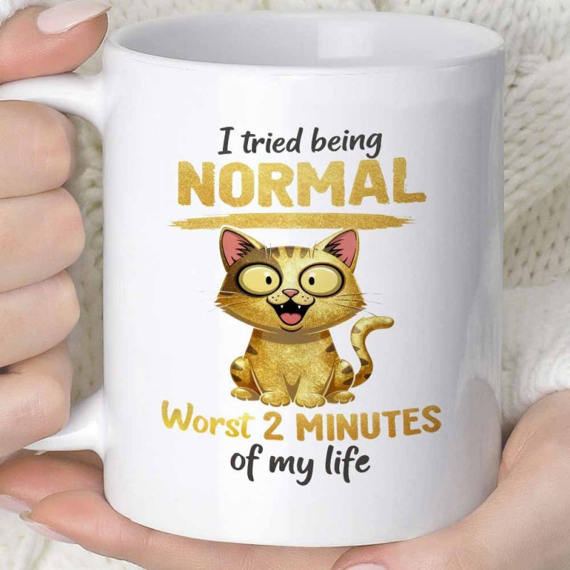 Tailorly White Ceramic 11 oz Mug - I Tried Being Normal Worst 2 Minutes Of My Life Cartoon Sitting Feline With Large Wide Expressive Eyes And Playful Grin Cat