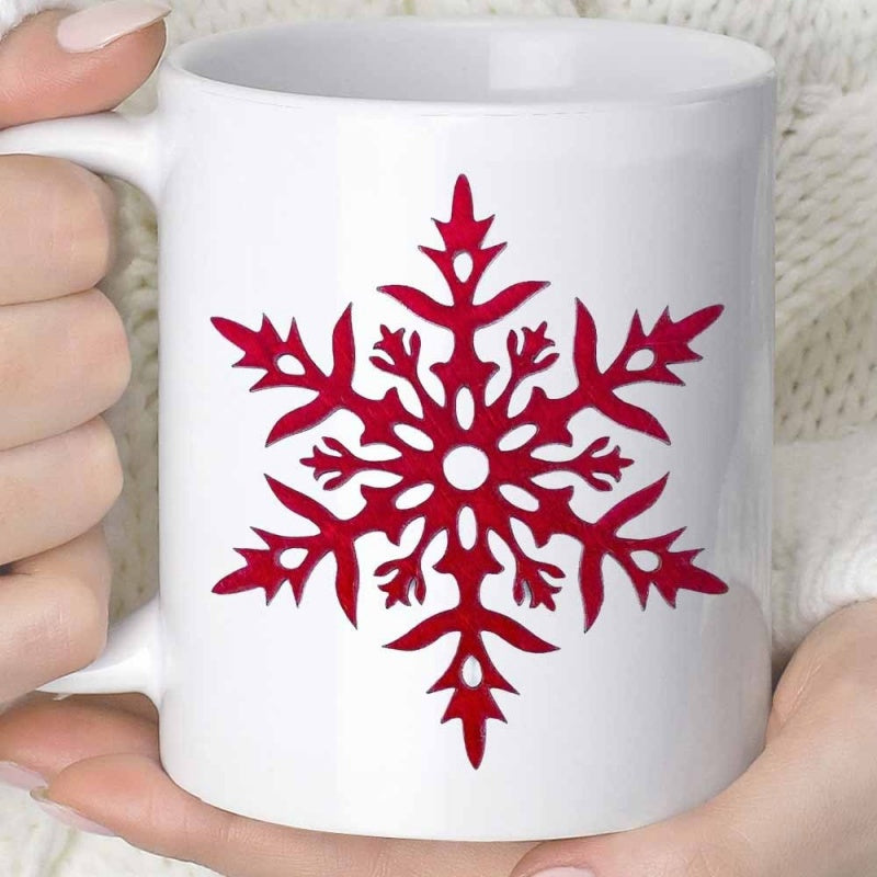 Tailorly White Ceramic 11 oz Mug - Intricate Symmetrical Red Winter Crystal Pattern Floating On A Clean White Background Snowflake