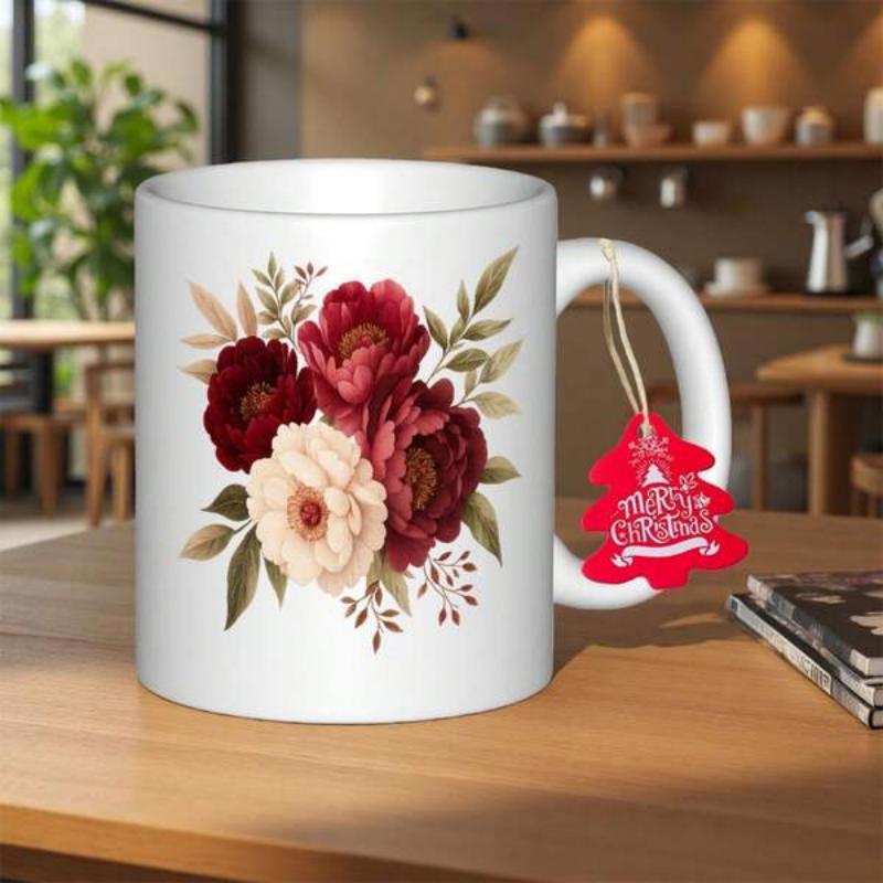 Tailorly White Ceramic 11 oz Mug - Merry Christmas Beautiful Bouquet Of Red And Cream Peonies With Delicate Green Leaves Flower