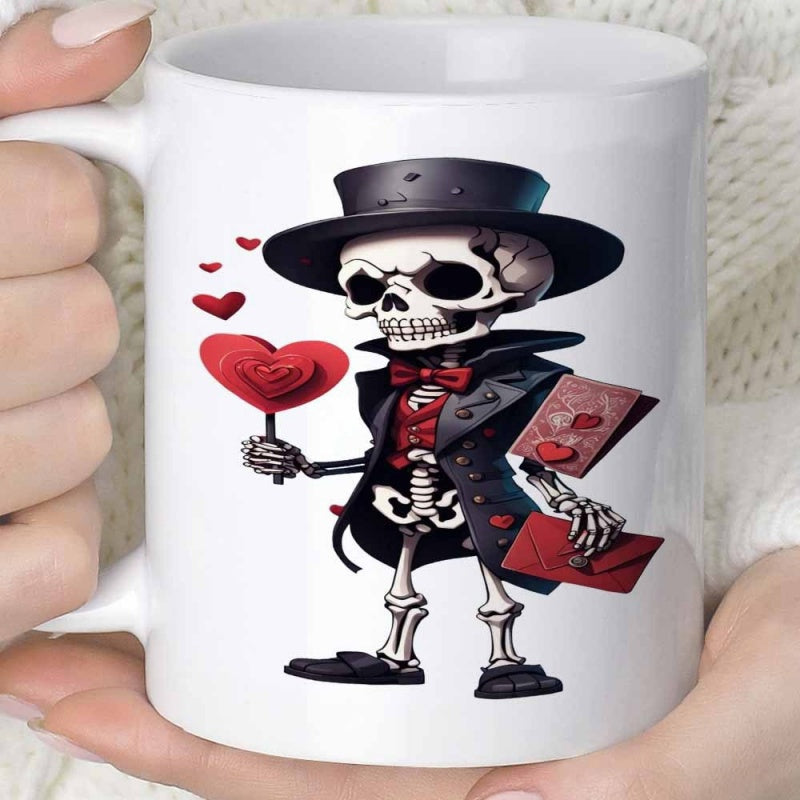 Tailorly White Ceramic 11 oz Mug - Stylish Gentleman Wearing Top Hat Holding Love Letters And Red Heart Skeleton