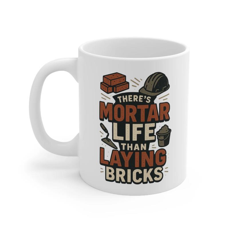 Tailorly White Ceramic 11 oz Mug - There Is Mortar Life Than Laying Bricks Professional Masonry Tools With Protective Hard Hat And Sturdy Construction Bricks