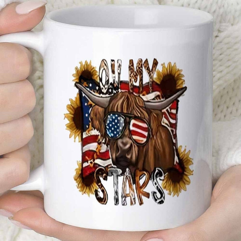 Tailorly White Ceramic 11 oz Mug - Oh My Stars Patriotic American Flag Sunglasses Wearing Wild Sunflowers And Majestic Highland Cow