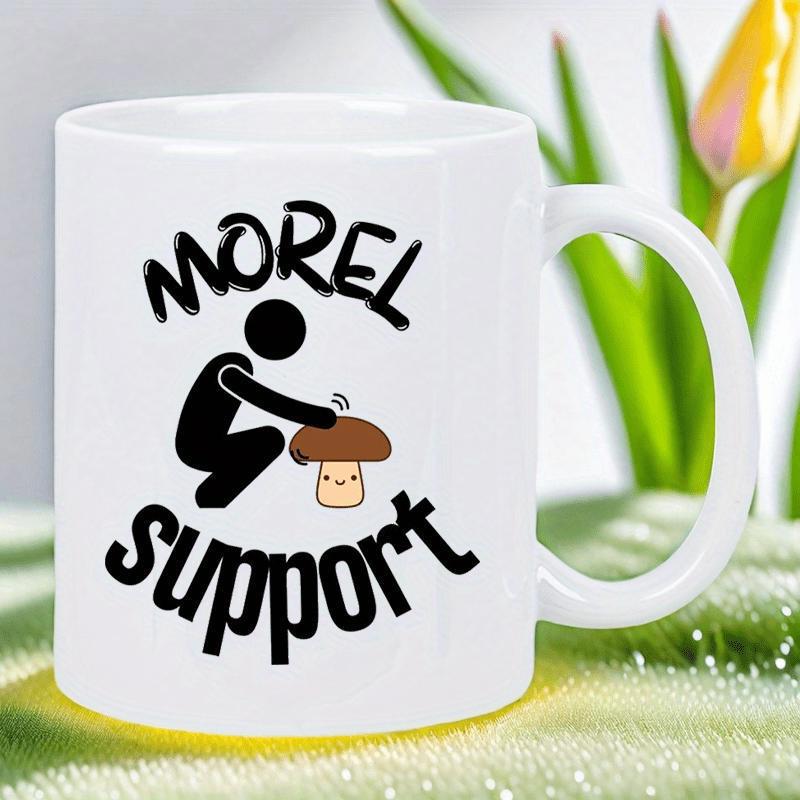 Tailorly White Ceramic 11 oz Mug - Morel Support Stick Figure Crouching Beside A Cute Smiling Small Brown Mushroom