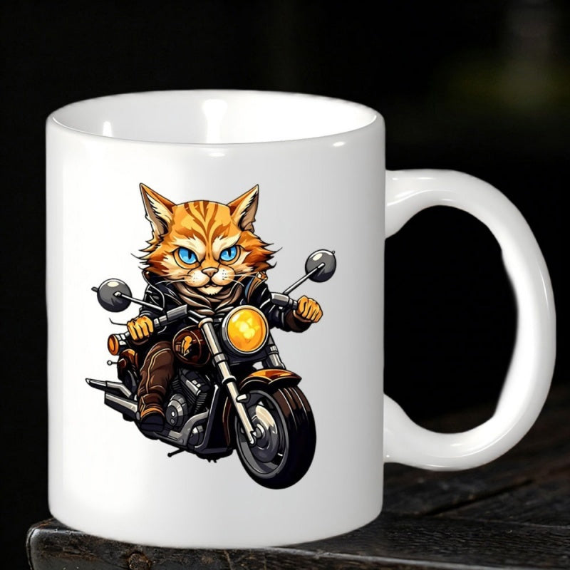 Tailorly White Ceramic 11 oz Mug - Fierce Ginger Cat In Leather Jacket Riding A Chrome Heavy Motorcycle Cat