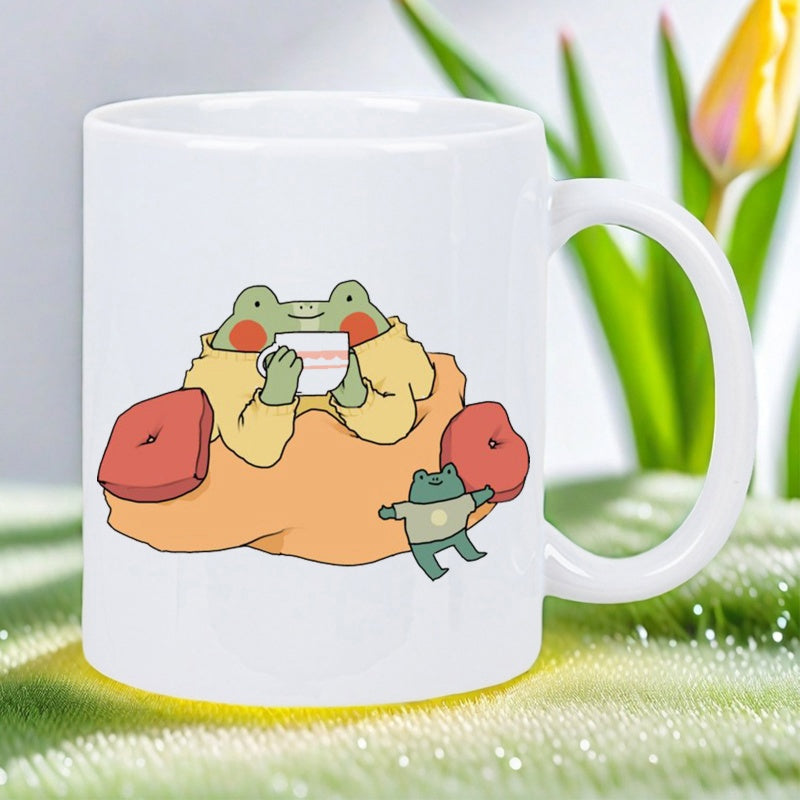 Tailorly White Ceramic 11 oz Mug - Cute Cartoon Frog Wearing Yellow Sweater Relaxing On Soft Orange Cushion Frog