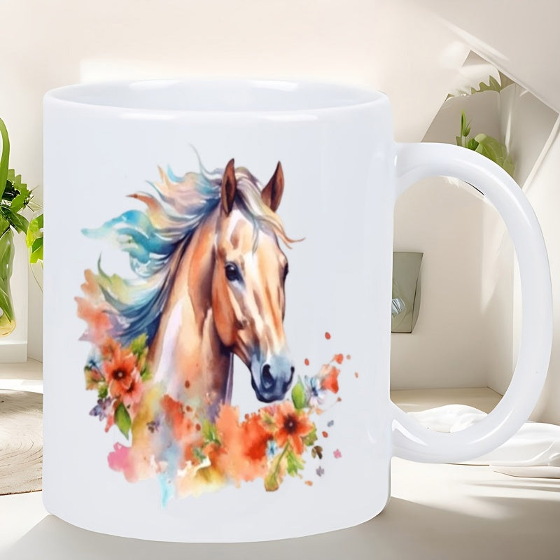 Tailorly White Ceramic 11 oz Mug - Watercolor Painted Galloping Spirit With Vibrant Flowers And Flowing Mane Horse