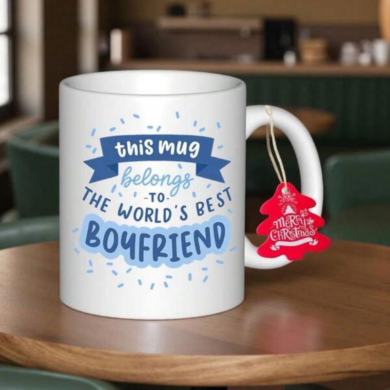 Tailorly White Ceramic 11 oz Mug - This Mug Belongs To The Worlds Best Boyfriend Festive Blue Ribbon With Confetti Sprinkles Decorated On A