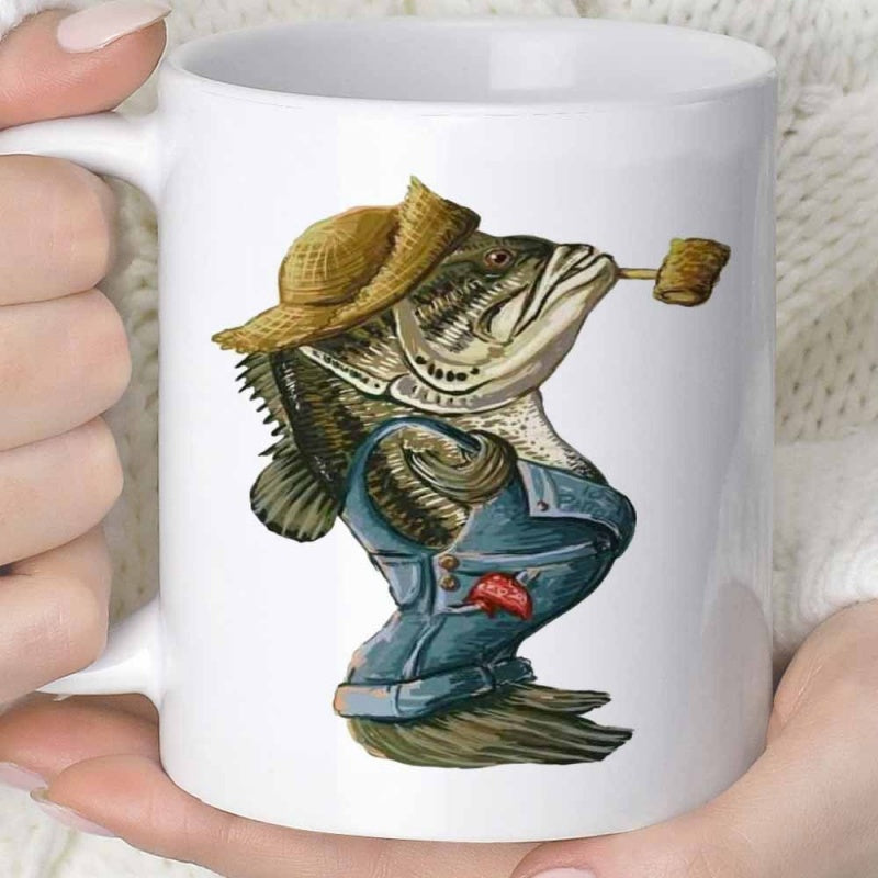 Tailorly White Ceramic 11 oz Mug - Funny Vintage Style Bass Wearing Straw Hat And Overalls Smoking Pipe Fish