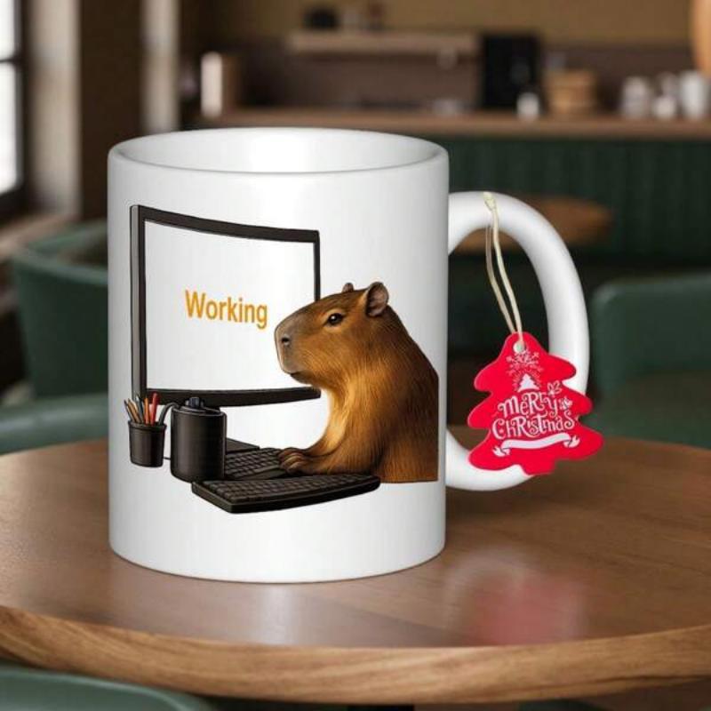 Tailorly White Ceramic 11 oz Mug - Working Adorable Brown Animal Sitting At Desk Using Computer With Keyboard Capybara