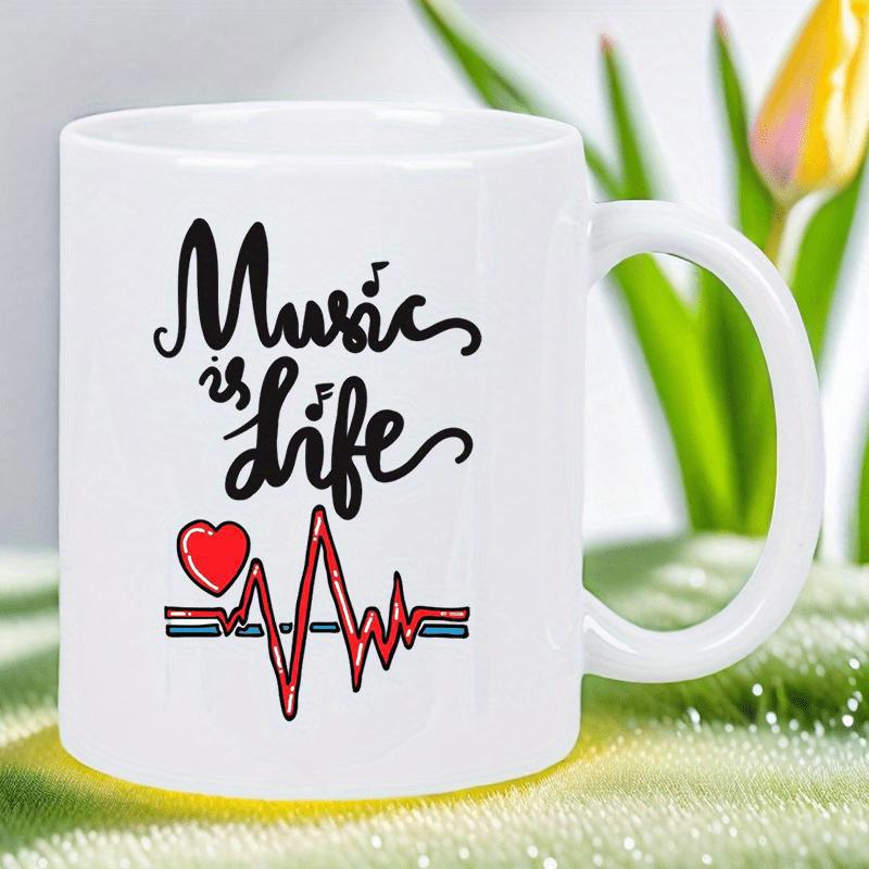 Tailorly White Ceramic 11 oz Mug - Music Is Life Artistic Black Calligraphy With Musical Notes And Red Pulse Heartbeat