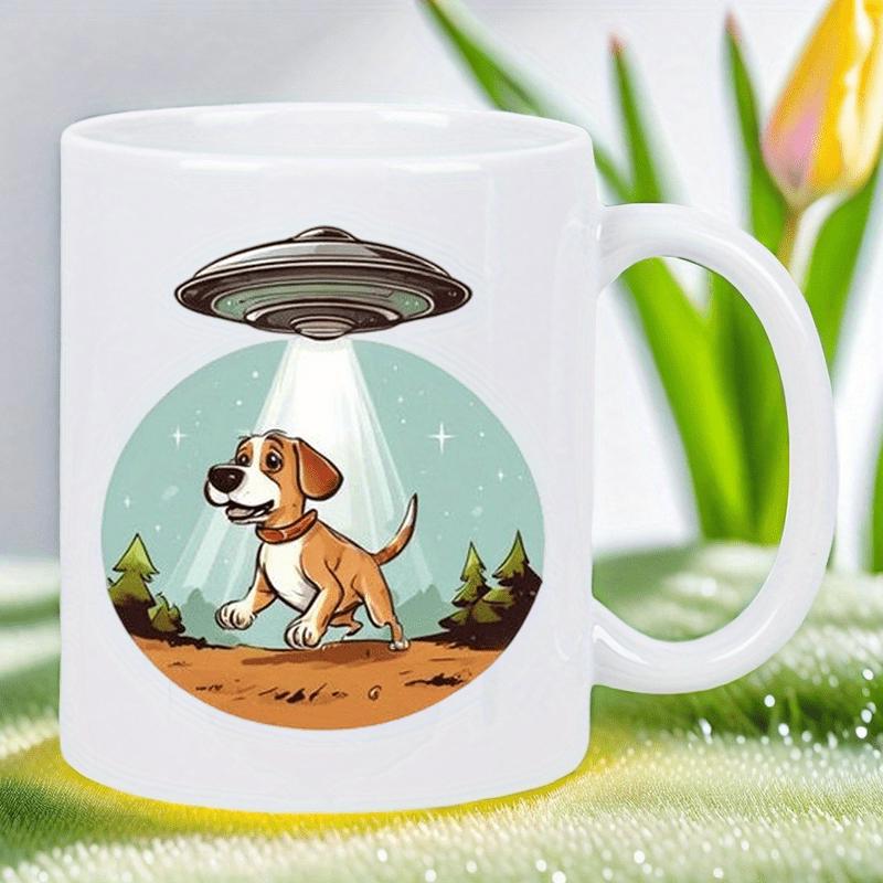 Tailorly White Ceramic 11 oz Mug - Metallic Flying Saucer Beaming Light Over A Cheerful Spotted Beagle Dog