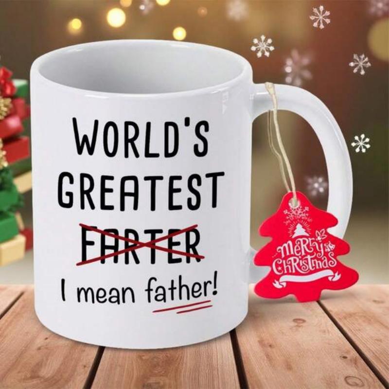 Tailorly White Ceramic 11 oz Mug - Worlds Greatest Farter I Mean Father Minimalist Black Lettering Style For Dads Featuring Playful Strike Through Detail Sign